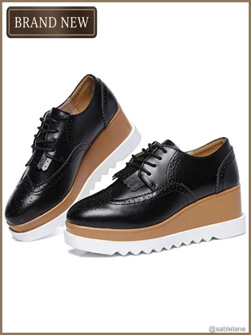 Women's Fashion Oxford Shoes Lace-up Platform Wedge Tassel Square-Toe